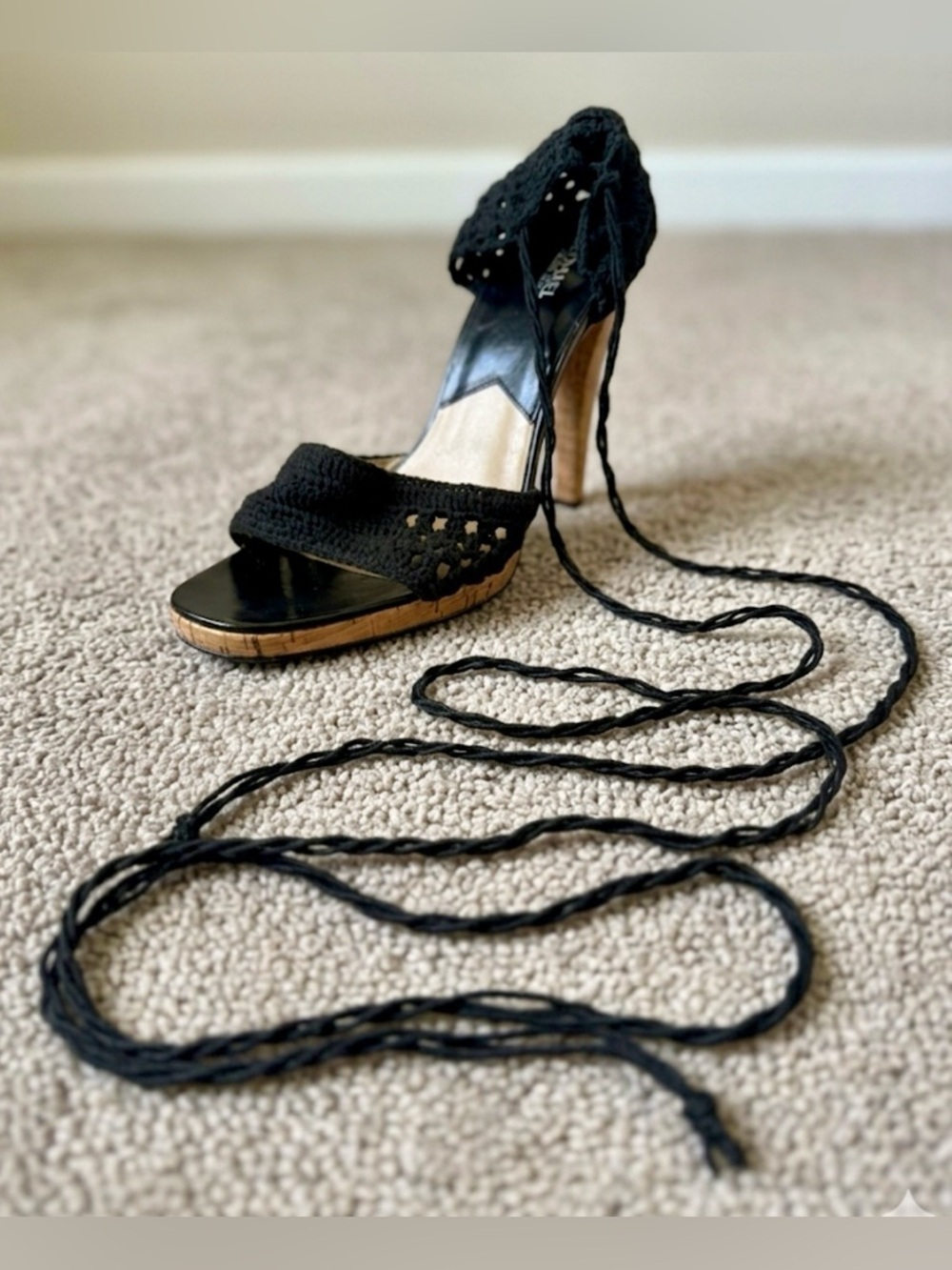 Michael Kors Black Crochet Lace Up Cork Wedges Heels Size 11 - Picture 6 of 11